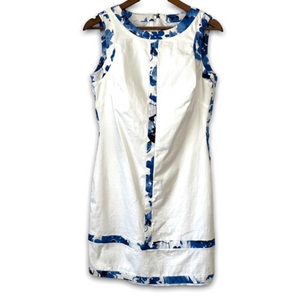 Lauren Ralph Lauren Dress 10 White Blue Floral Trim Cotton Stretch Cottagecore